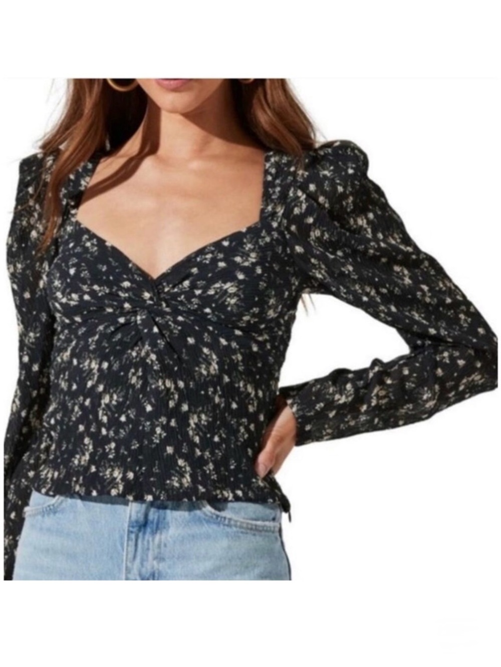 ASTR The Label Black Ivory Floral V-Neck Long Sleeve Sheer Crinkle Blouse Size M